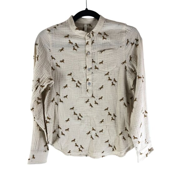 Rylee + Cru Girls Boys Top Horses Crinkled Long Sleeve 1/2 Button Cream 12-14Y - Picture 1 of 4